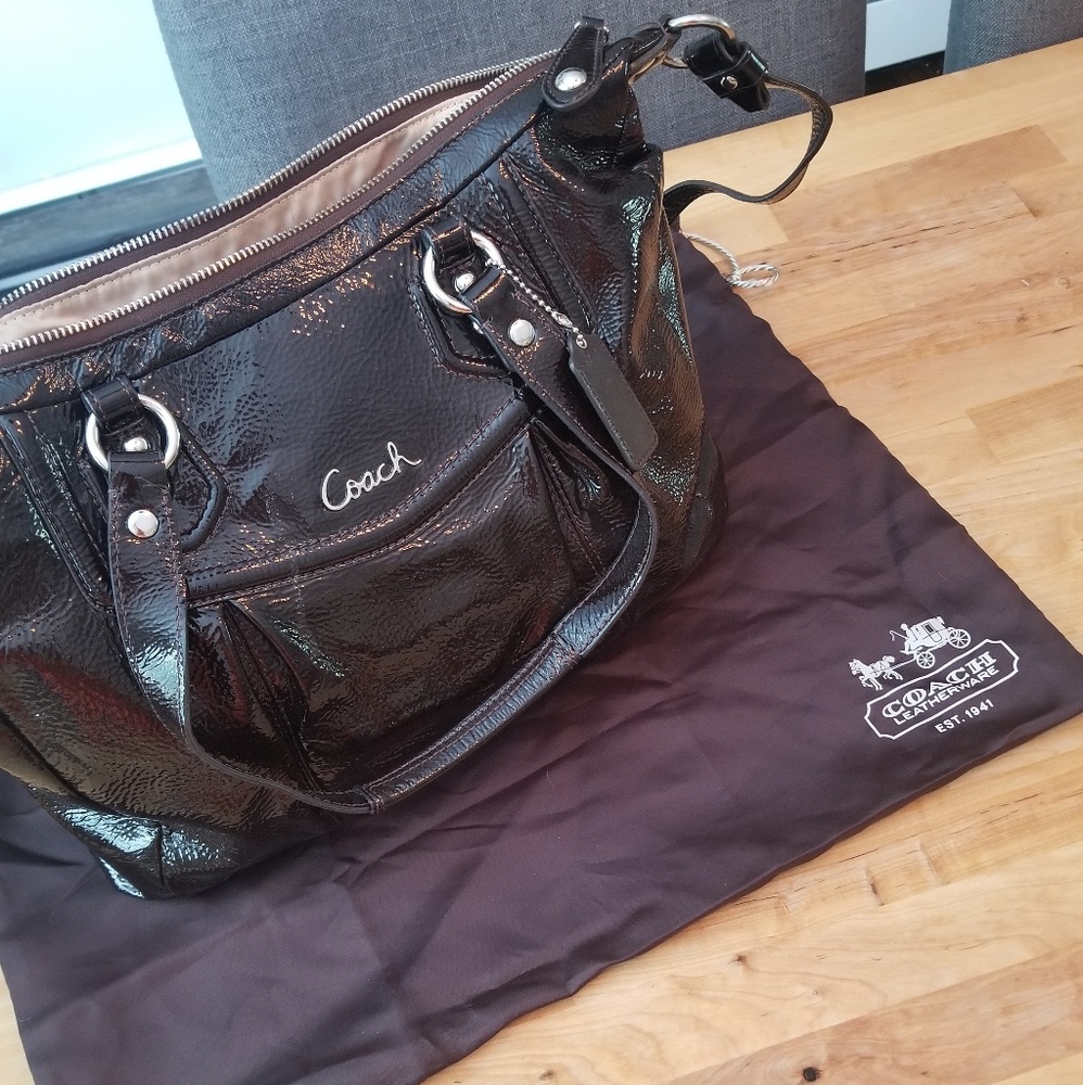 Chocolate brown patent leather coach bag
